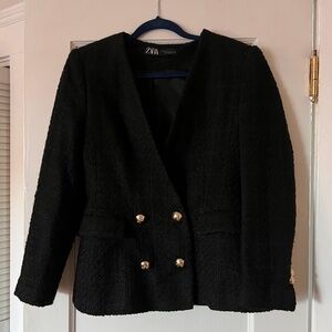 Zara double breasted Black Bouclé blazer, sz M